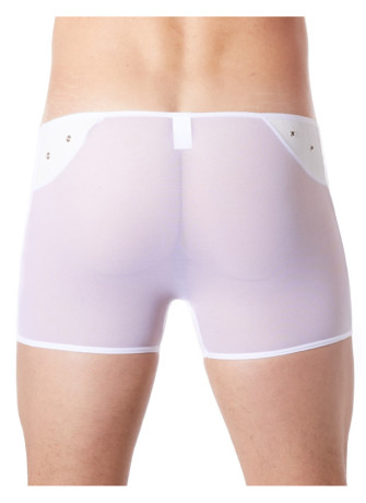 Boxer blanc sexy maille transparente et bande style cuir - LM807-67WHT
